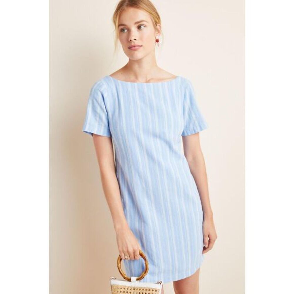 Anthropologie Cape May Linen Mini Dress Blue White Striped Bow Back Size 8